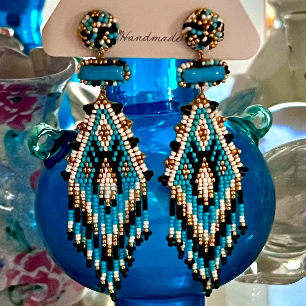 NWT Deepa Gurnani Turquoise Beaded Fringe Chandeliers - Picture 11 of 13